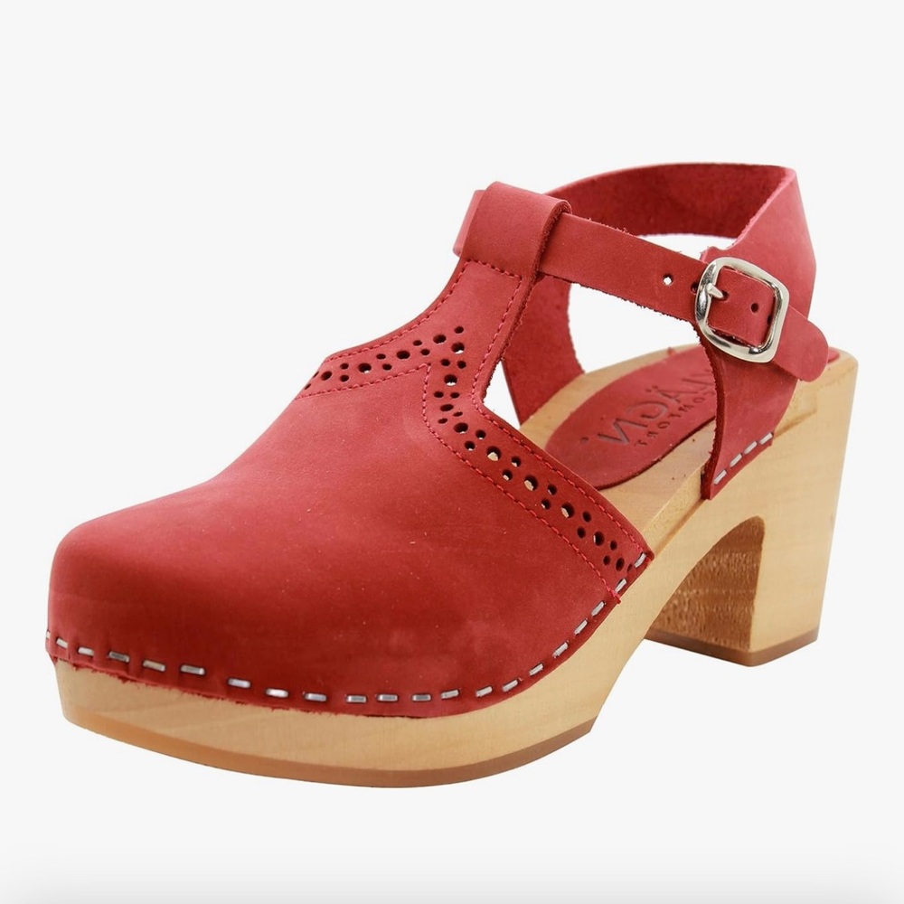 KLÄGN Swedish Wooden Mid-Heel Clogs - Red Nubuck EU 39